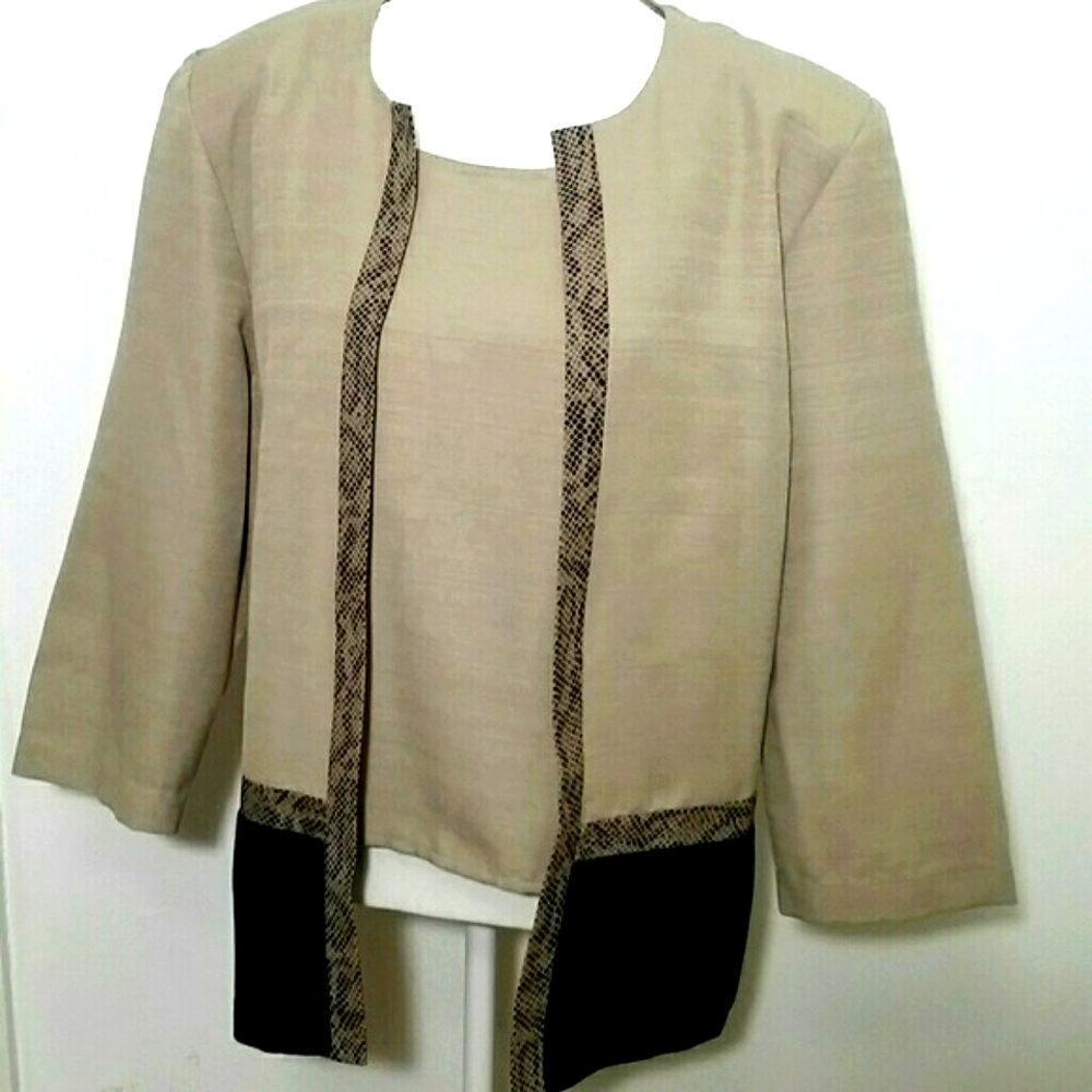 Sag Harbor Tan Black Blazer Women’s Size 14 Snakeskin Trim Color Block Career